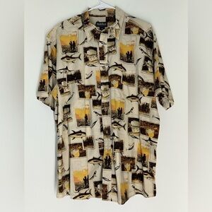 Vintage Woolrich Mens Fishing Fish Hook Print Button Down SS Shirt Beige Size XL